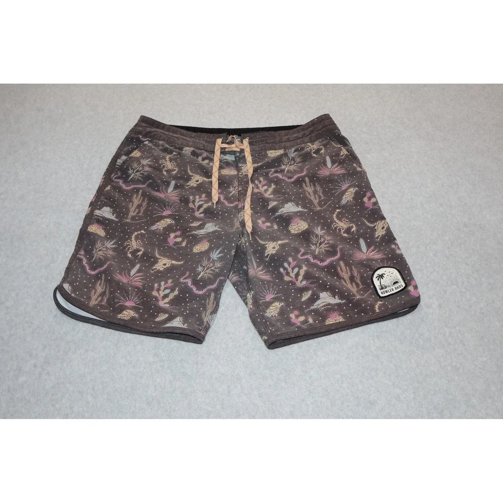 Howler Bros Board Shorts Mens 32 Brown Desert Cactus Scorpion Print Swim Trunks